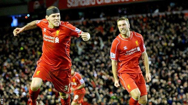 Martin Skrtel and Rickie Lambert celebrate