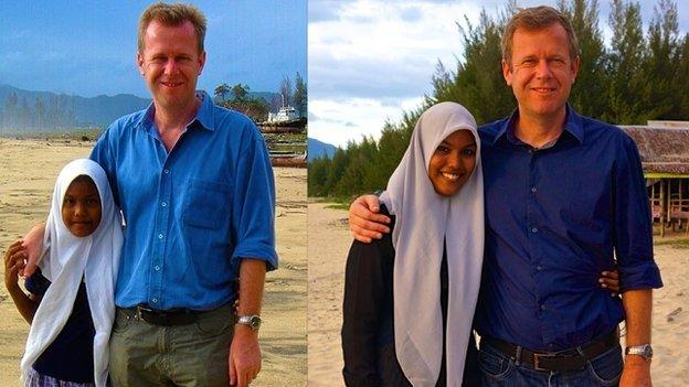 Mawardah Priyanka (left) and Andrew Harding after the 2004 tsunami and now