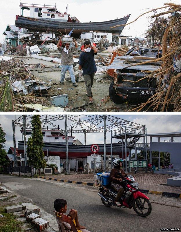 In this composite image, a comparison has been made between a scene in 2004 after the Indian Ocean tsunami and 2014