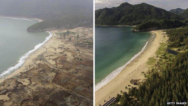 In this composite image, a comparison has been made between a scene in Indonesia's Banda Aceh province after the 2004 tsunami (left) and the same scene after rebuilding efforts in 2014 (right)