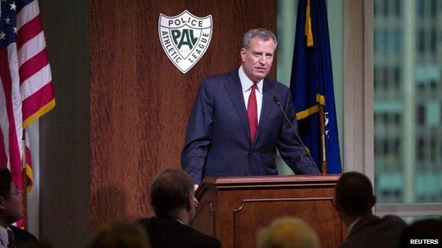 New York City Mayor Bill de Blasio speaks during the Police Athletic League December Luncheon in Manhattan, New York, December 22, 2014