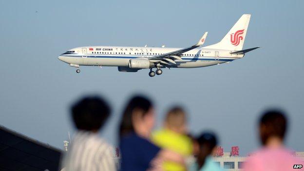 Air China Boeing 737 preparing to land at Beijing Capital International airport