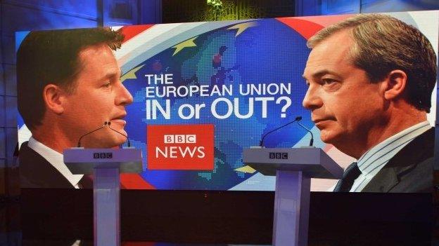 Image of podiums before a head-to-head debate between Nick Clegg and Nigel Farage