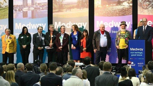 Candidates in the Rochester and Strood by-election listening to Mark Reckless giving his acceptance speech