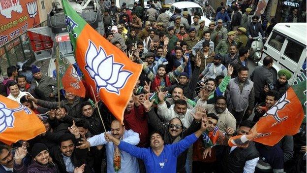 BJP supporters in Jammu celebrate election win on 23 December 2014