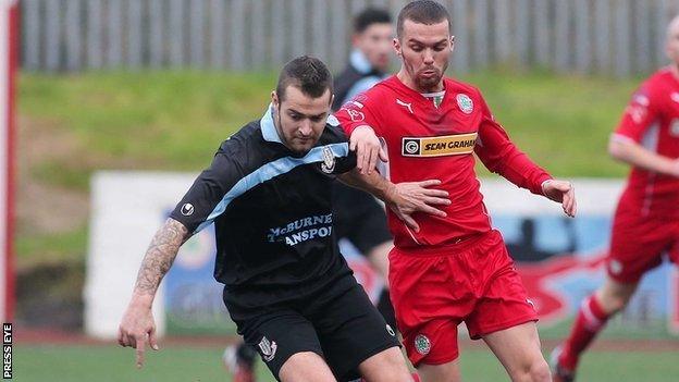 Ballymena's Neal Gawley and Martin Donnelly of Cliftonville