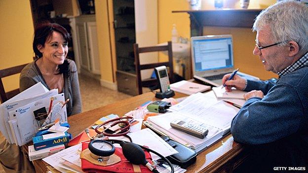 A female patient has a consultation at a doctor's surgery in France