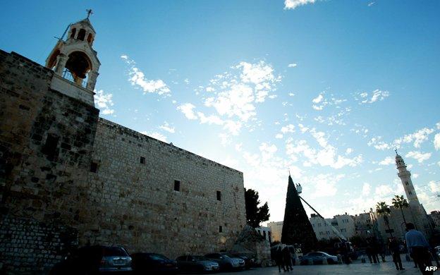 The Christmas tree in Bethlehem's Manger Square, outside the Church of the Nativity