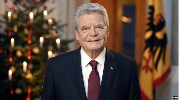 German President Joachim Gauck poses after the recording of the traditional Christmas message at Bellevue Palace in Berlin on 22 December 2014