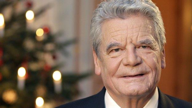 German President Joachim Gauck poses after the recording of the traditional Christmas message at Bellevue Palace in Berlin on 22 December 2014