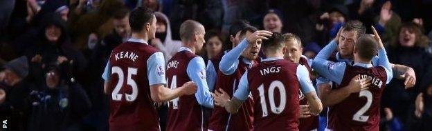 Burnley players celebrate a goal