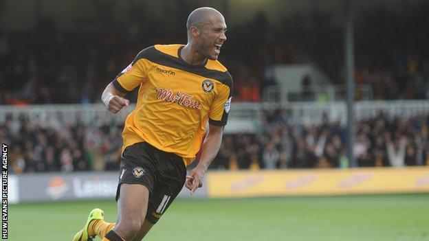 Chris Zebroski of Newport County celebrates scoring a goal