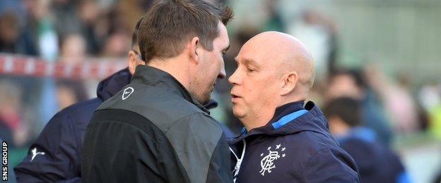 Rangers caretaker boss Kenny McDowall gets a pre-match cuddle from Hibs manager Alan Stubbs