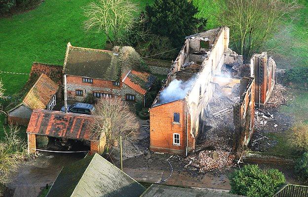 Aerial view of Hickling Hall after the fire