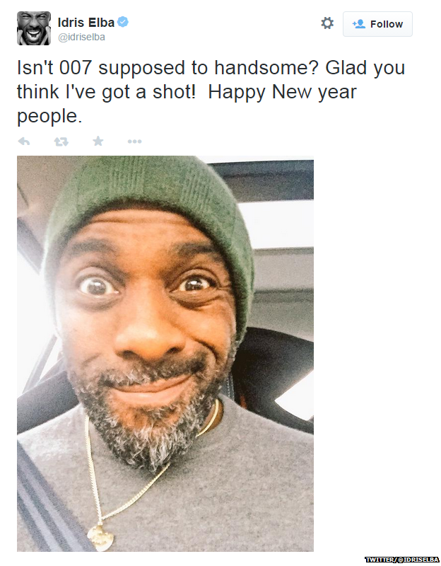 Tweet from Idris Elba with a picture of him, reading: "Isn't 007 supposed to handsome? Glad you think I've got a shot! Happy New year people."