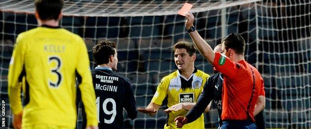 Paul McGinn (left) receives a red card after giving away a penalty to St Mirren.