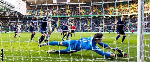 Ross County goalkeeper Antonio Reguero saves an effort from Celtic's Virgil van Dijk (centre)