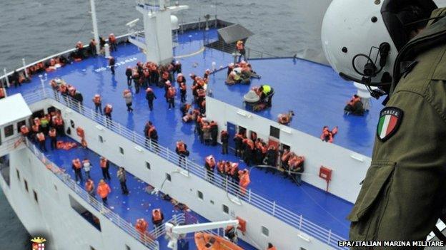 Image of the rescue operations of the ferry Norman Atlantic on fire in the Adriatic Sea, 28 December 2014.