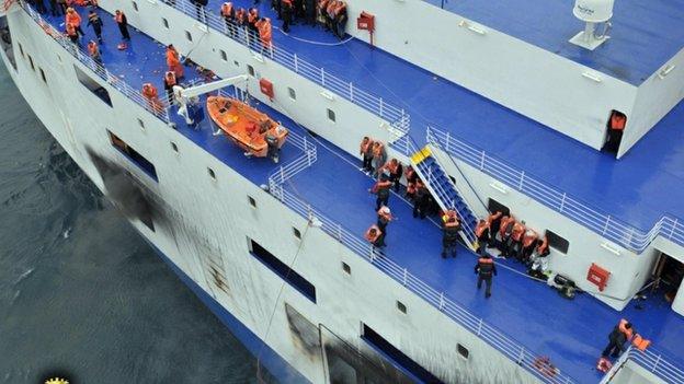 Image of the rescue operations of the ferry Norman Atlantic on fire in the Adriatic Sea, 28 December 2014.