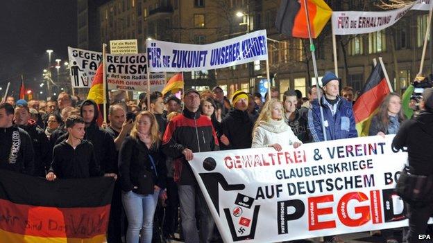 An "anti-Islamisation" protest in Dresden, Germany