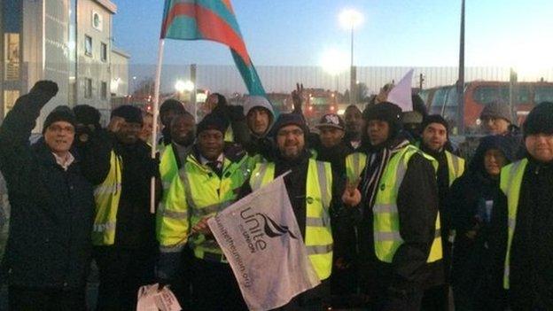 Picket line at Lea Interchange depot in Leyton