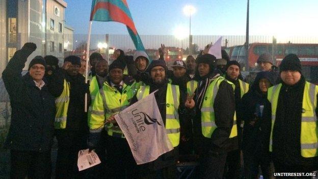 Picket line at Lea Interchange depot in Leyton