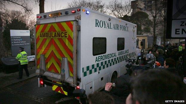 The ambulance arriving at the Royal Free Hospital