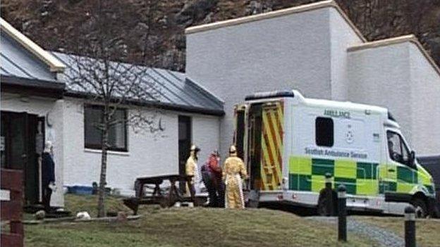 Patient leaving Torridon Youth Hostel