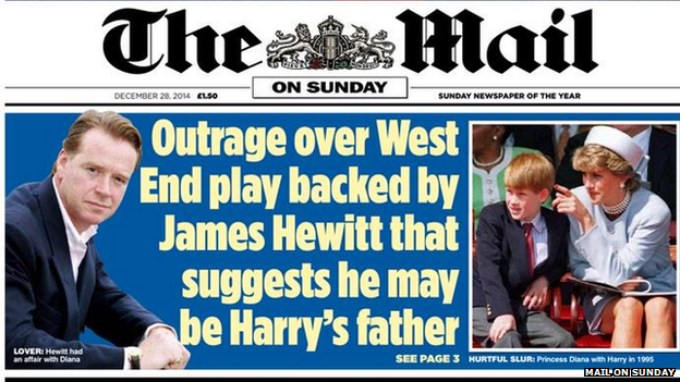 The front page of The Mail on Sunday says the play suggest James Hewitt is the father of Prince Harry.