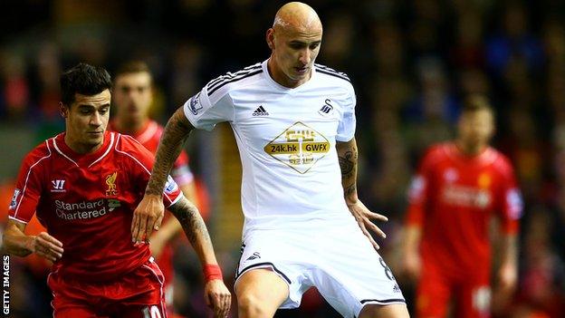 Swansea City's Jonjo Shelvey passes the ball under pressure from Liverpool's Philippe Coutinho