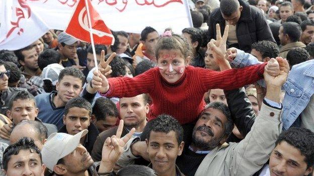 Algerians gather on 17 December 2011 in Sidi Bouzid's Mohamed Bouazizi square