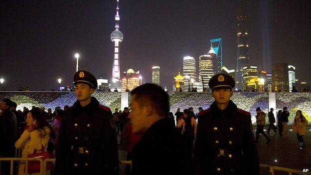 Chinese paramilitary policemen are deployed in the aftermath of a deadly stampede in Shanghai, China, 1 January 2015