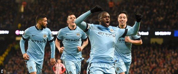 Manchester City midfielder Yaya Toure celebrates scoring against Sunderland