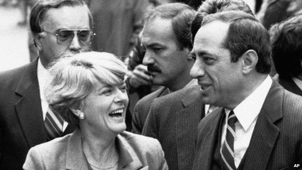 Democratic vice presidential candidate Geraldine Ferraro (left) and New York Governor Mario Cuomo attend a Columbus Day parade in New York (October 1984)