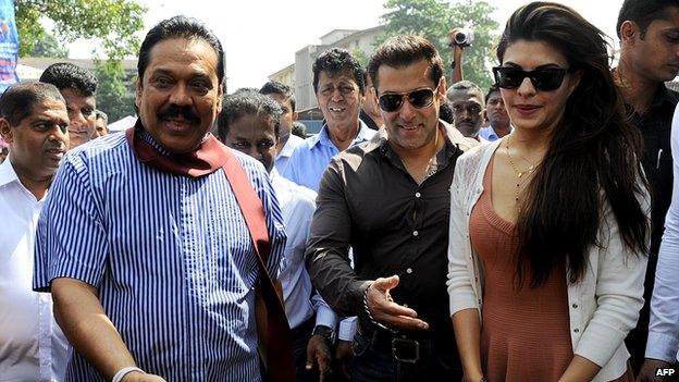 Bollywood film stars Salman Khan and Jacqueline Fernandez with Mahinda Rajapaksa