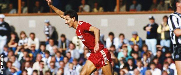 Ian Rush celebrates scoring for Liverpool against Newcastle United in 1986