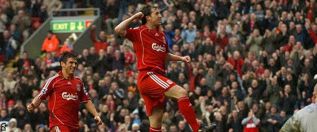 Liverpool striker Robbie Fowler celebrates scoring against Sheffield United at Anfield in 2007