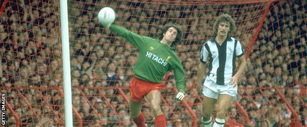 Liverpool goalkeeper Ray Clemence in action against West Bromwich Albion at Anfield in 1980