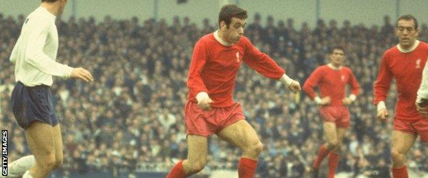 Ian Callaghan in action against Tottenham Hotspur at Anfield in 1968