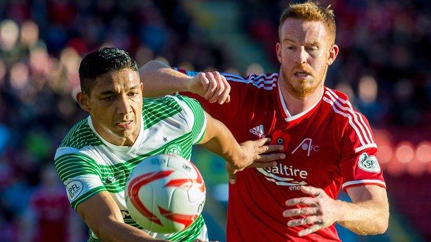 Celtic's Emilio Izaguirre and Aberdeen's Adam Rooney