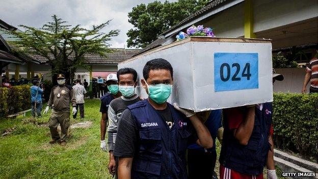 Members of the Indonesian search and rescue team carry a coffin containing a victim of the AirAsia flight 8501 crash at Iskandar Airbase in Pangkalan Bun - 3 January 2015