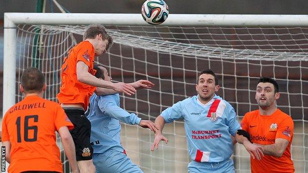 Goalmouth action from Ballymena v Glenavon at the Showgrounds