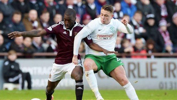 Hearts' Prince Buaben and Hibs' Scott Allan battle for the ball in midfield