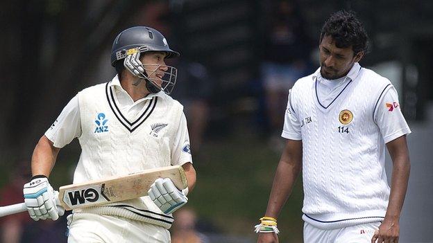 New Zealand's Ross Taylor and Sri Lanka's Suranga Lakmal