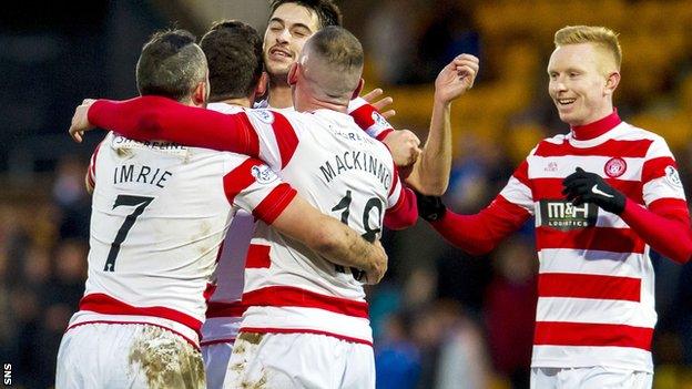 Tony Andreu takes the plaudits from his team-mates after firing Hamilton ahead at St Johnstone