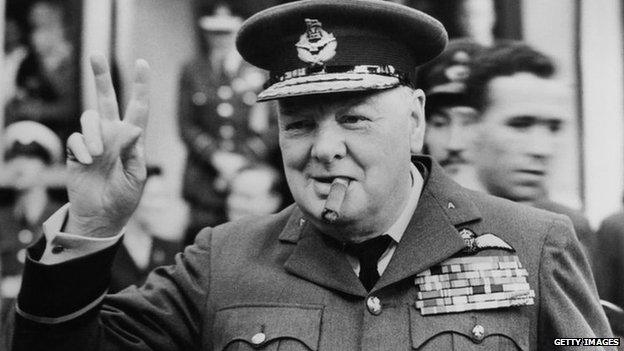 Winston Churchill giving the v-sign in 1948