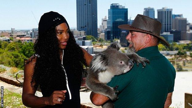 Serena Williams meets Sunshine the koala and handler Steve Gillam from Caversham Wildlife Park at the Hopman Cup