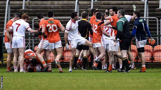 Ciaran McKeever and Colm Cavanagh were sent off following this first-half melee at the Athletic Grounds