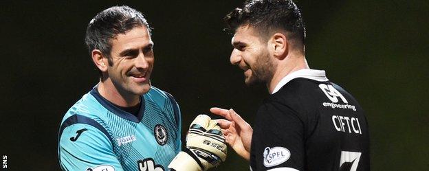 Partick Thistle goalkeeper Paul Gallacher and Dundee United striker Nadir Ciftci