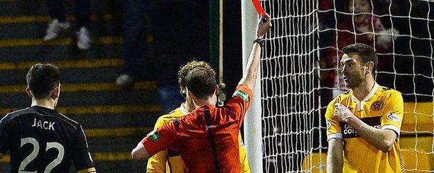 Referee Willie Collum shows Stephen McManus a red card for handling the ball on the line